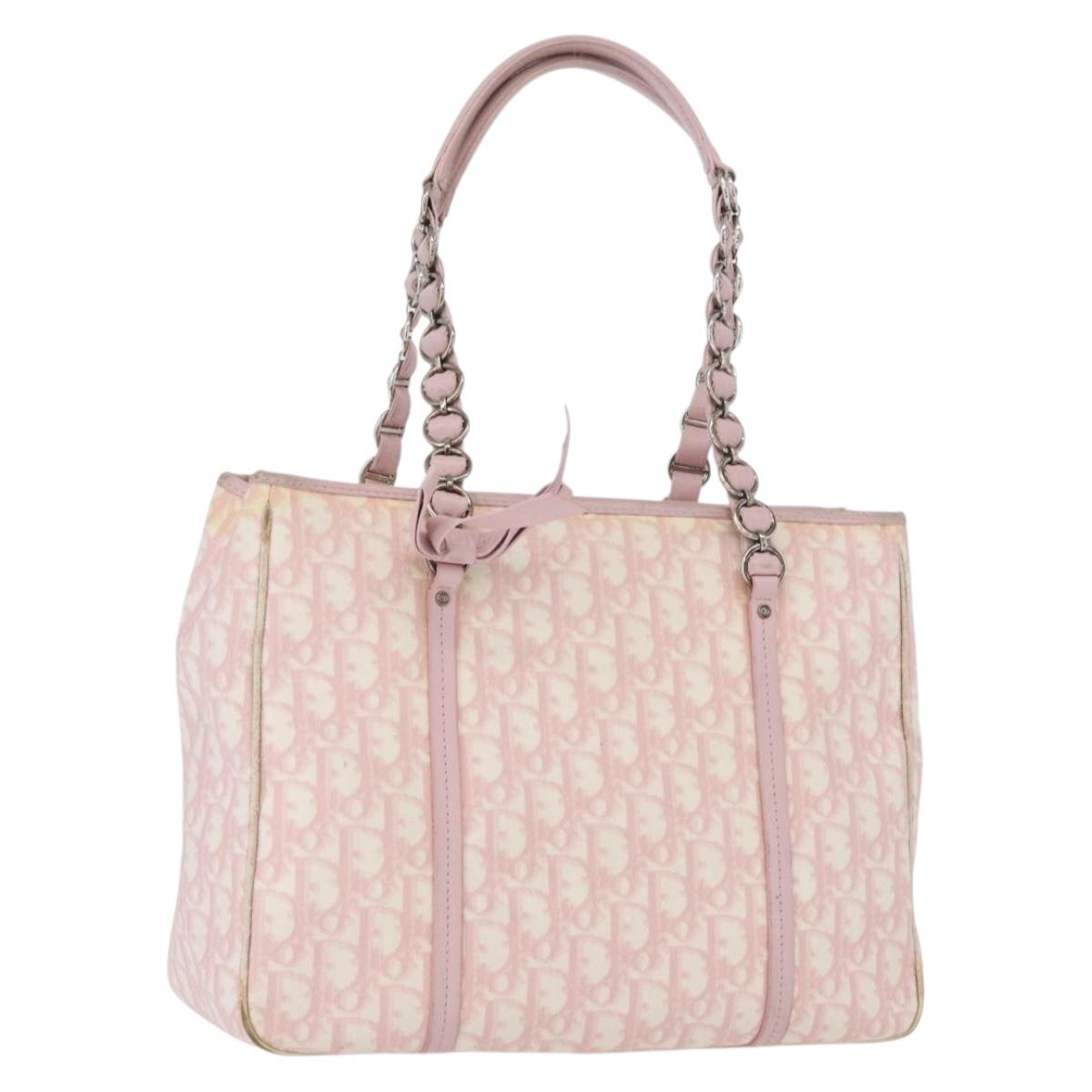 Christian Dior Trotter Canvas Chain Romantic Bag PVC Pink Silver Auth 172531