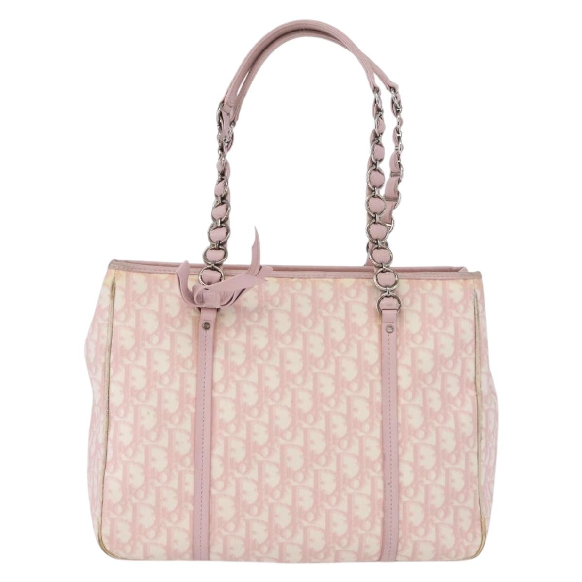Christian Dior Trotter Canvas Chain Romantic Bag PVC Pink Silver Auth 172531