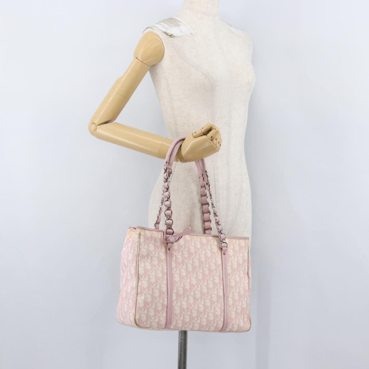 Christian Dior Trotter Canvas Chain Romantic Bag PVC Pink Silver Auth 172531