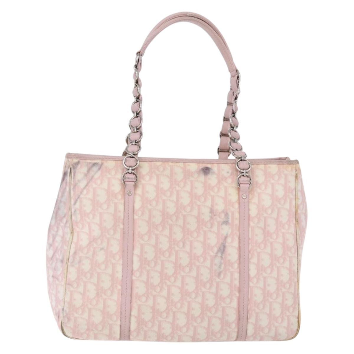 Christian Dior Trotter Canvas Chain Romantic Bag PVC Pink Silver Auth 172531