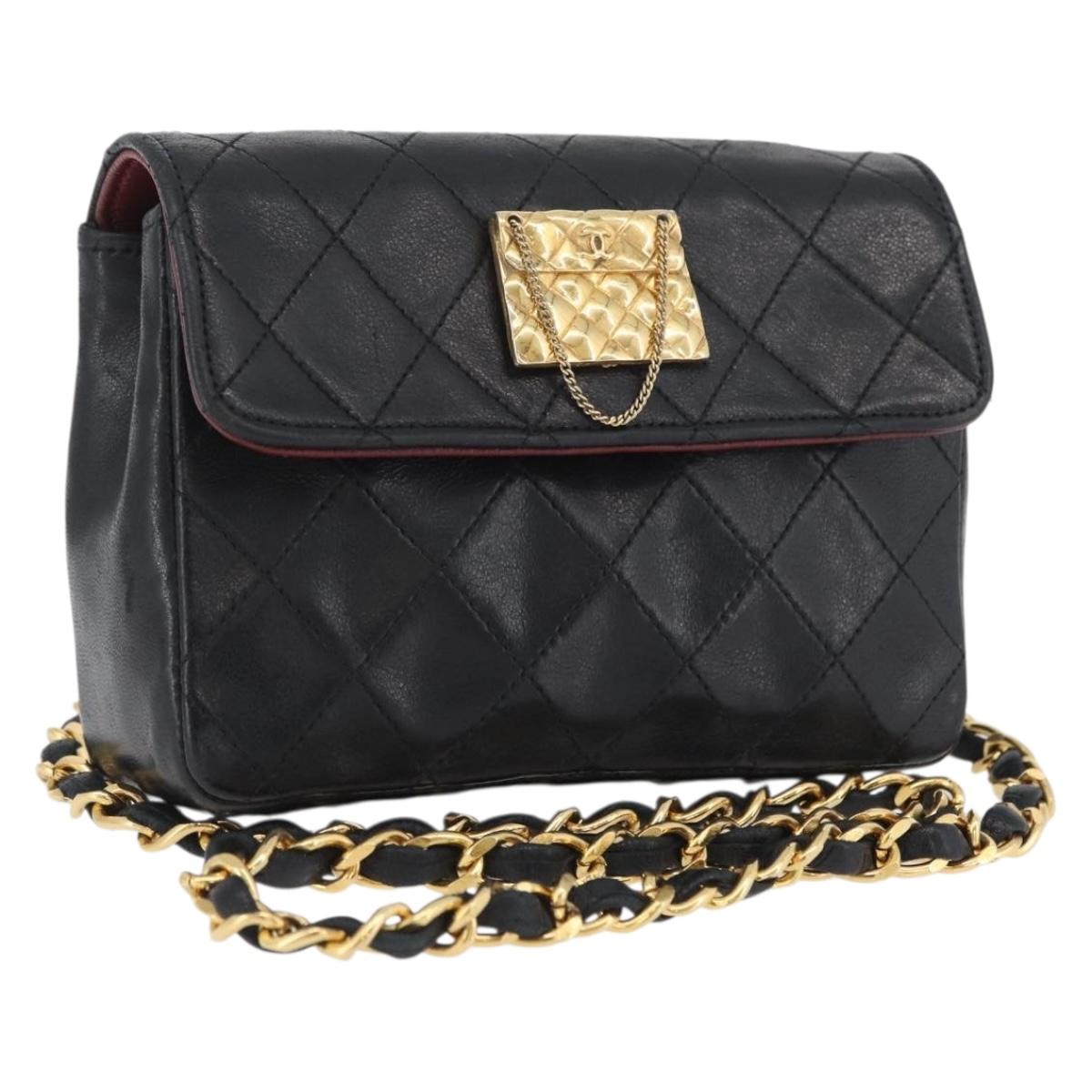 CHANEL Matelasse Chain Shoulder Bag Lamb Skin Black Gold CC Auth 172545SAV