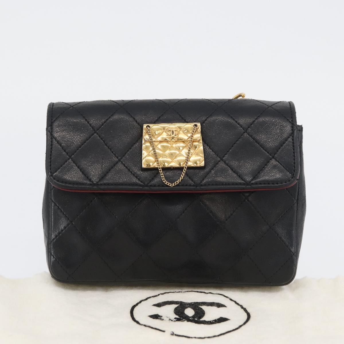 CHANEL Matelasse Chain Shoulder Bag Lamb Skin Black Gold CC Auth 172545SAV