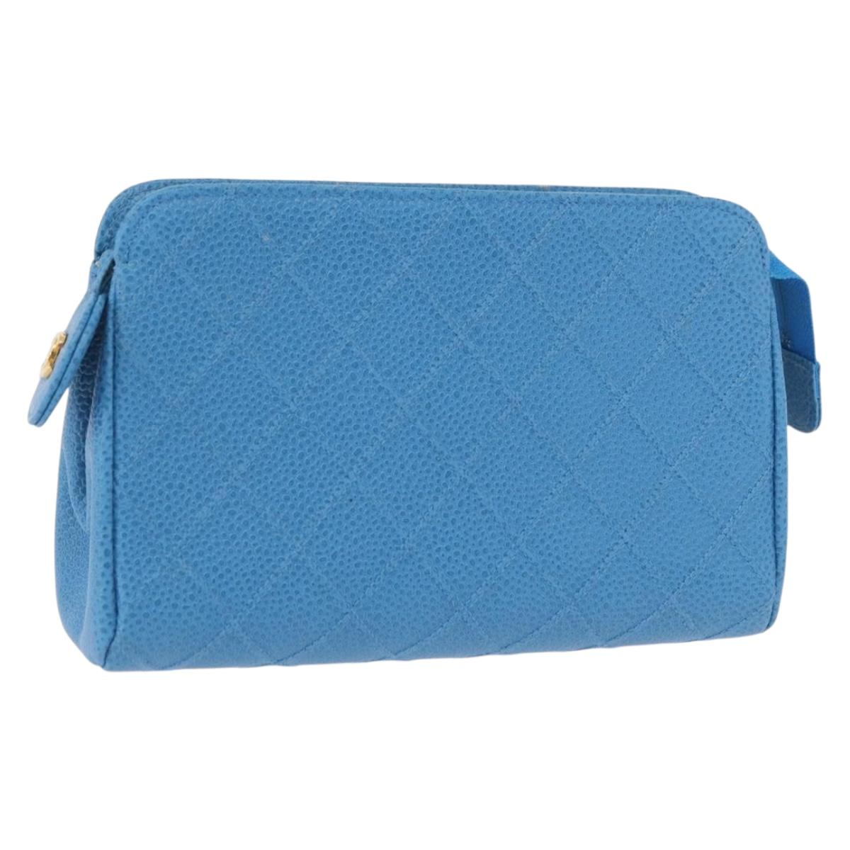 CHANEL Bicolore Pouch Caviar Skin Light Blue CC Auth 172551