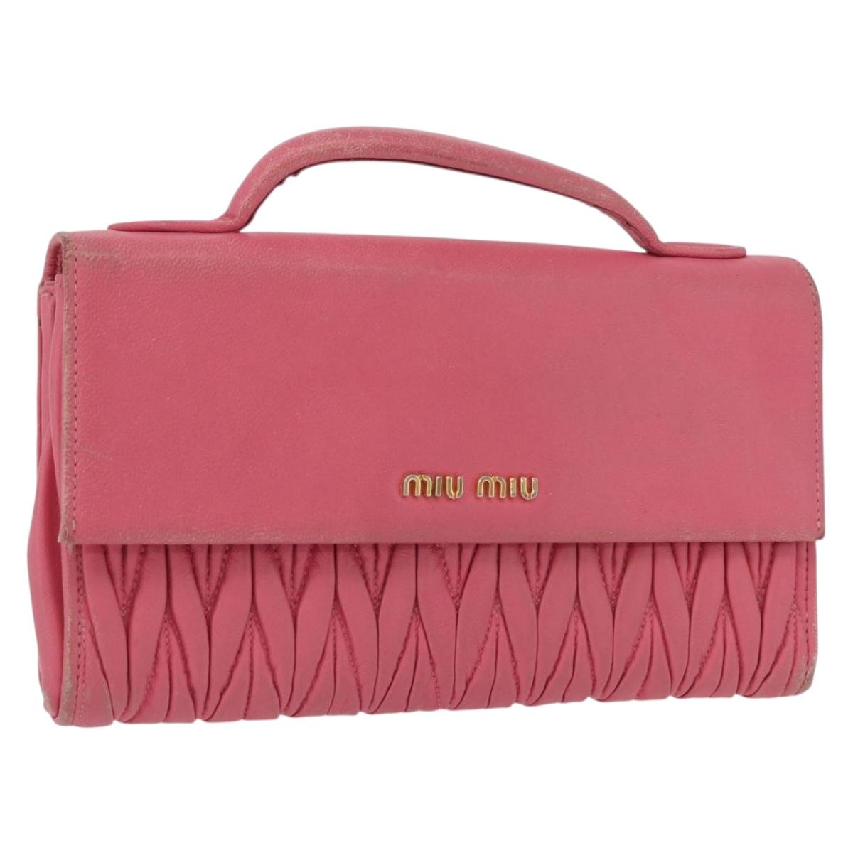 Miu Miu Matelasse Wallet Hand Bag Leather Pink Gold Auth 172563