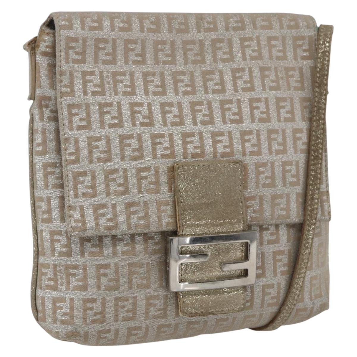 FENDI Zucchino Canvas Mamma Baguette Shoulder Bag Silver Auth 172589