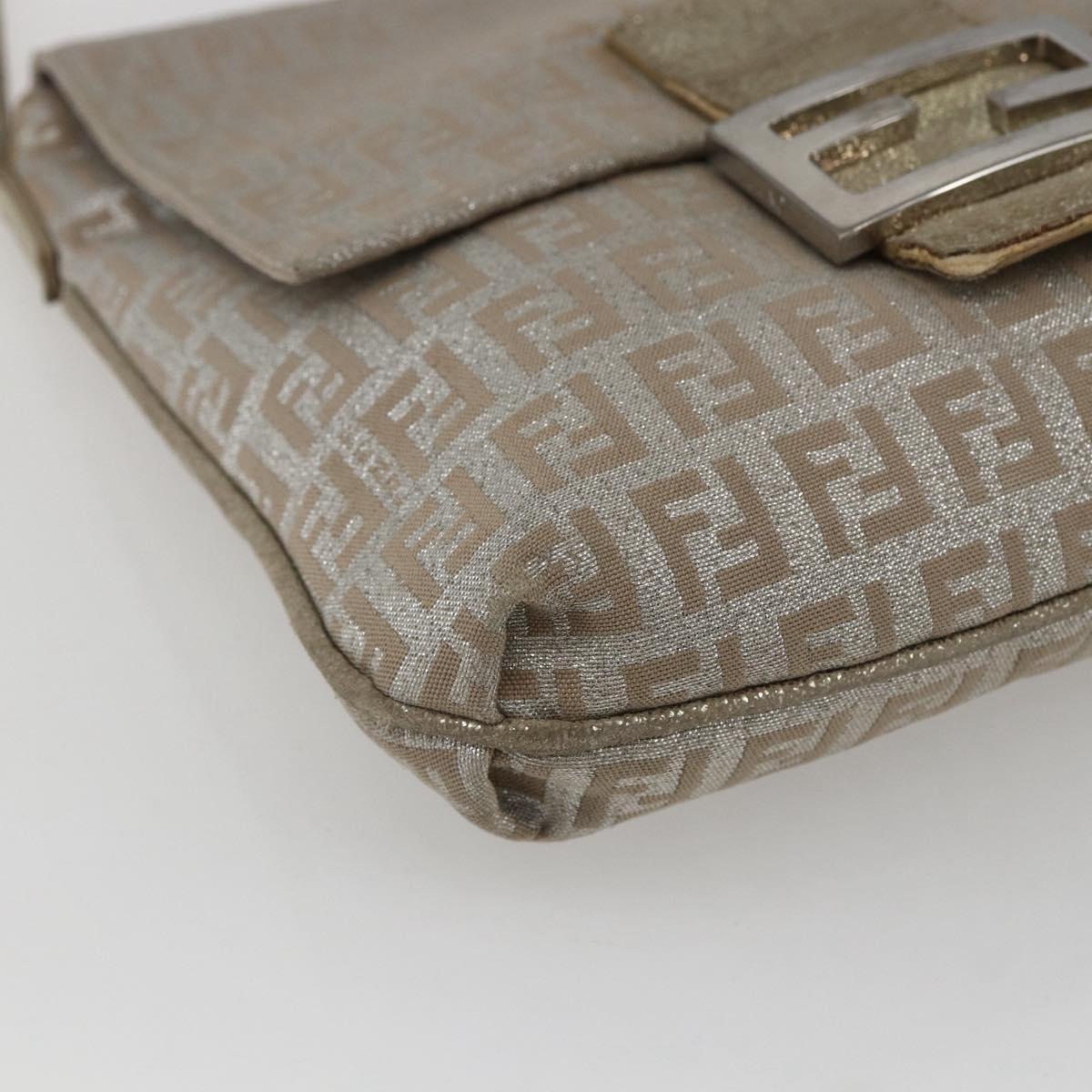 FENDI Zucchino Canvas Mamma Baguette Shoulder Bag Silver Auth 172589