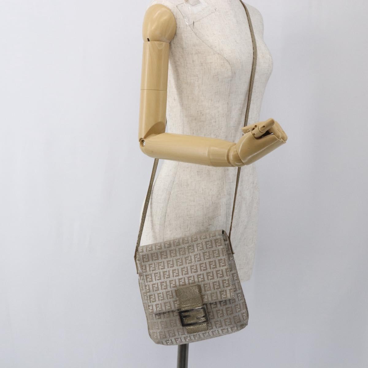 FENDI Zucchino Canvas Mamma Baguette Shoulder Bag Silver Auth 172589