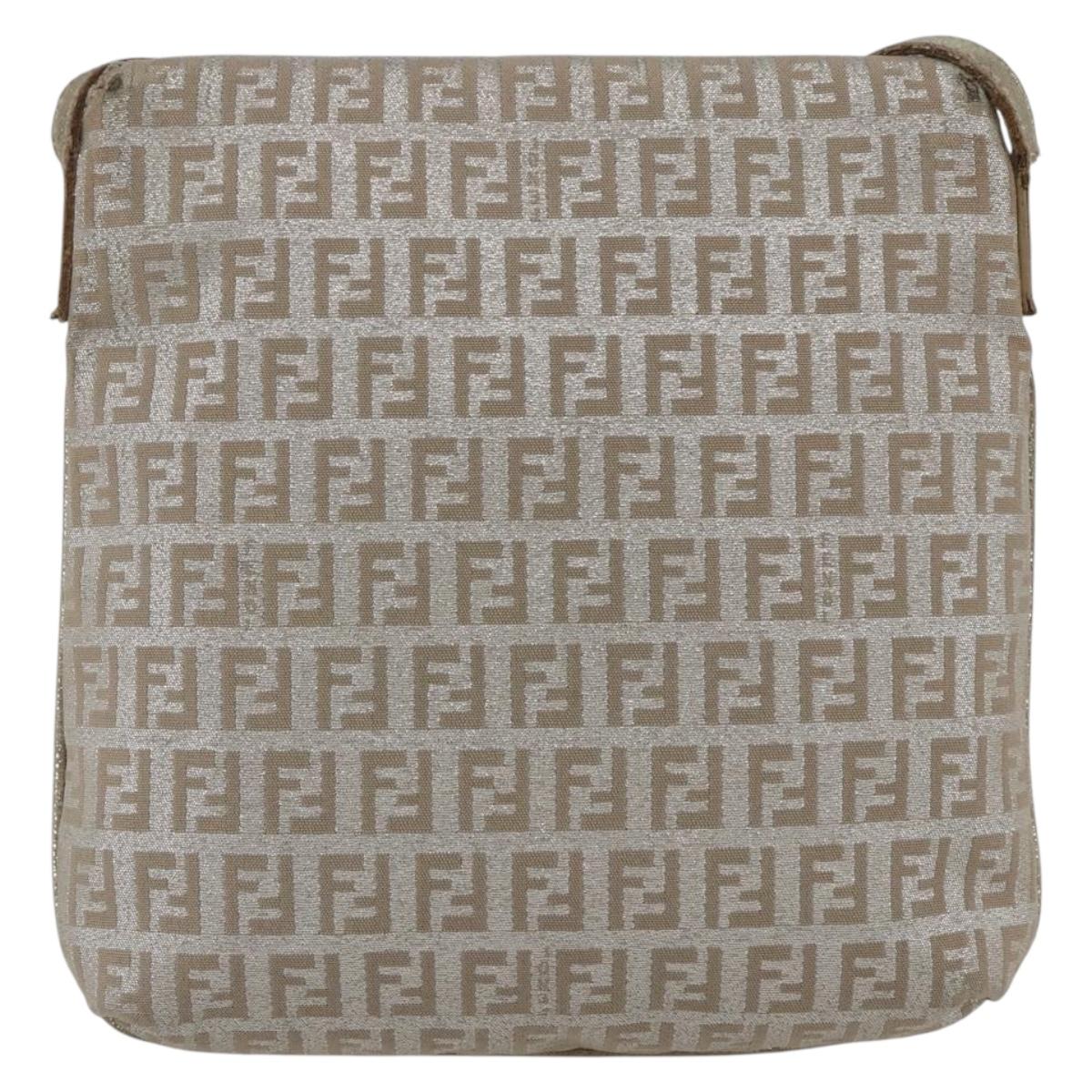 FENDI Zucchino Canvas Mamma Baguette Shoulder Bag Silver Auth 172589