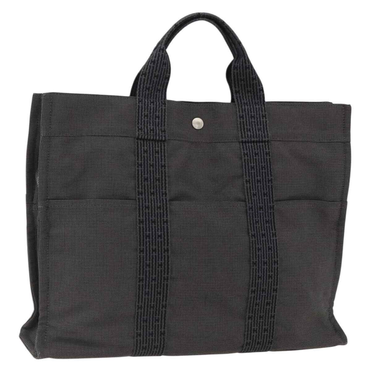 HERMES Her Line Tote MM Hand Bag Canvas Gray Silver Auth 172598