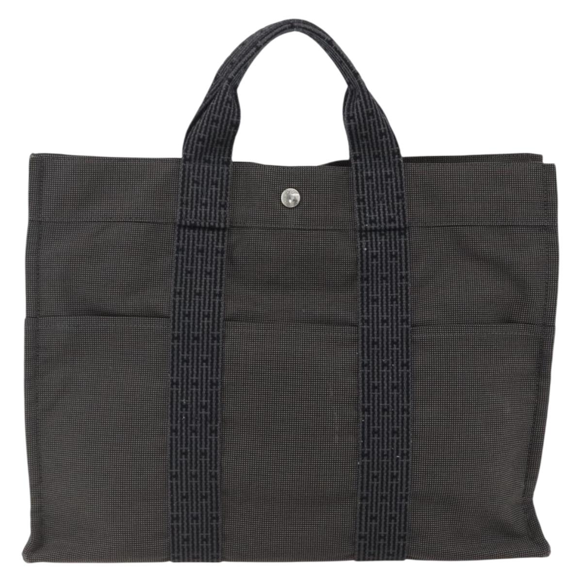 HERMES Her Line Tote MM Hand Bag Canvas Gray Silver Auth 172598