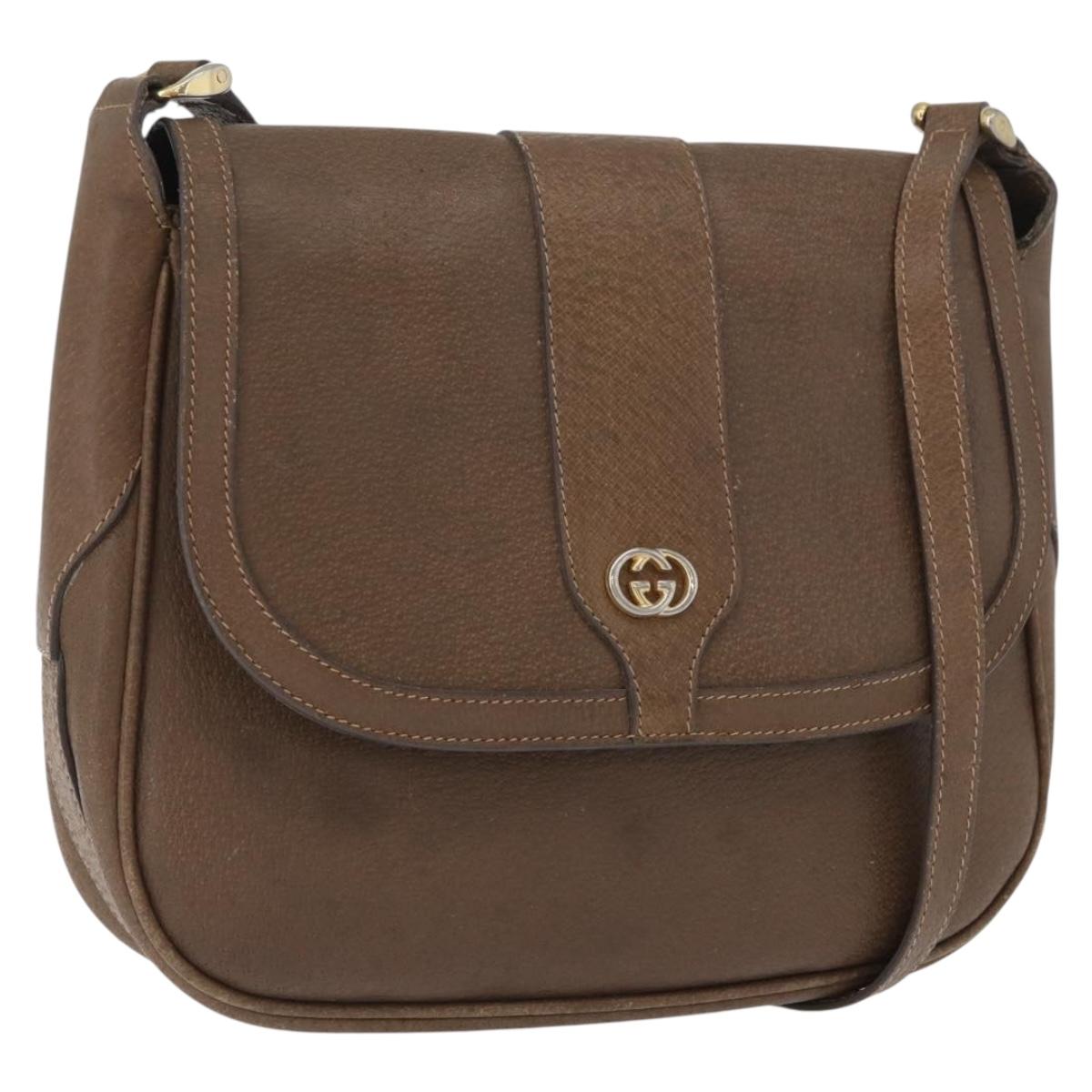GUCCI Shoulder Bag Leather Brown Gold Auth 172696