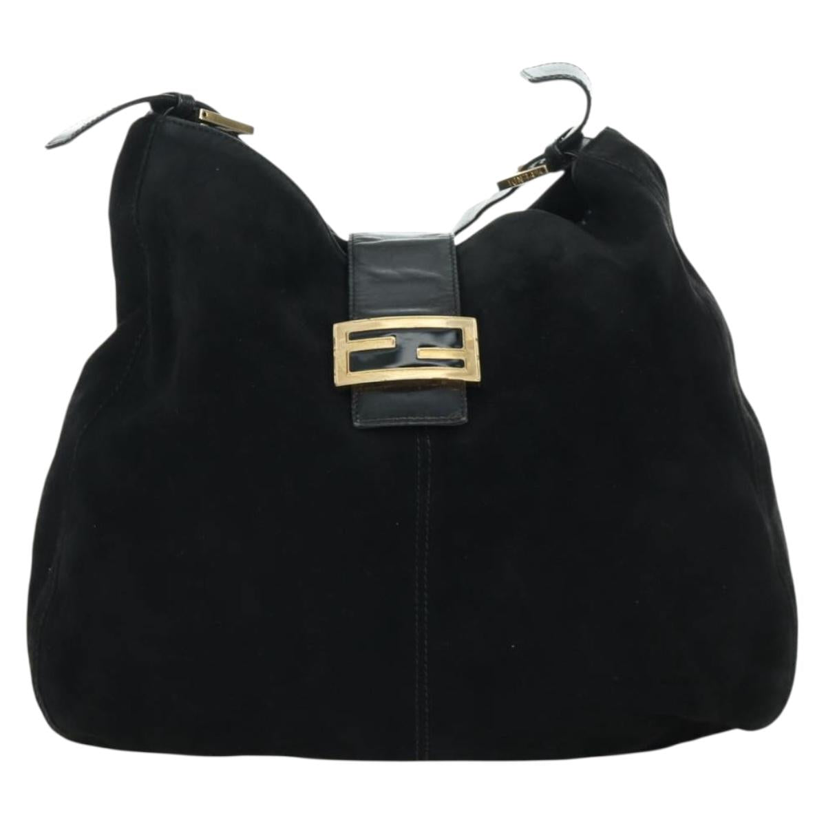 FENDI Mamma Baguette Shoulder Bag Suede Black Gold Auth 172703A