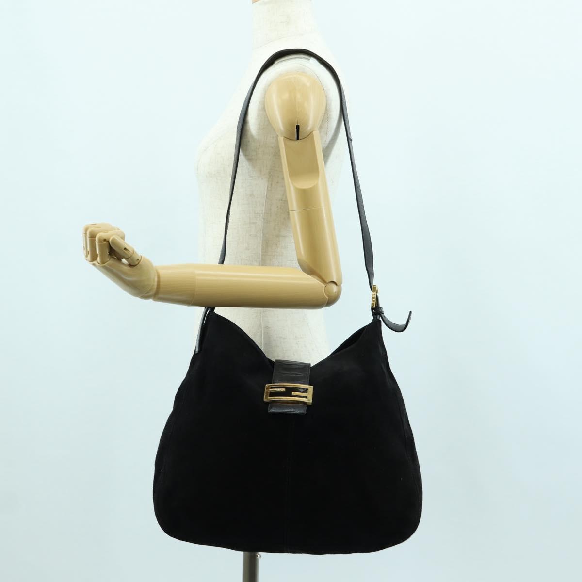 FENDI Mamma Baguette Shoulder Bag Suede Black Gold Auth 172703A
