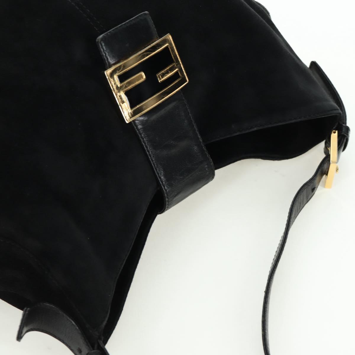 FENDI Mamma Baguette Shoulder Bag Suede Black Gold Auth 172703A