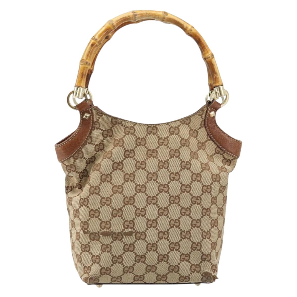GUCCI GG Canvas Bamboo Hand Bag Beige Gold 140203 Auth 172720