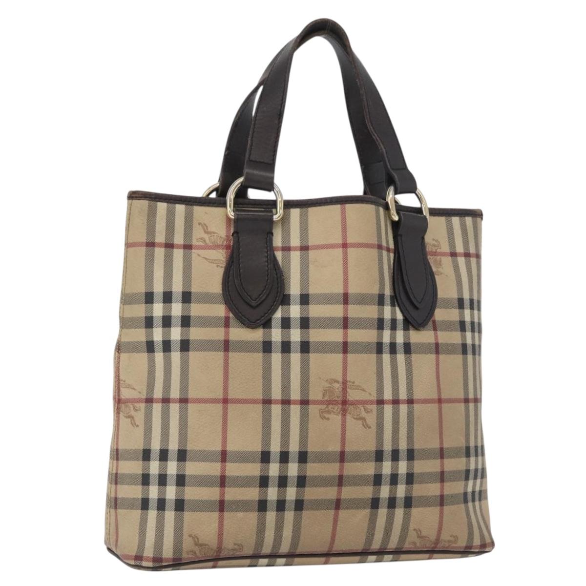 BURBERRY Nova Check Hand Bag PVC Beige Gold Auth 172725