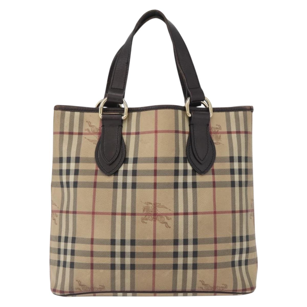 BURBERRY Nova Check Hand Bag PVC Beige Gold Auth 172725