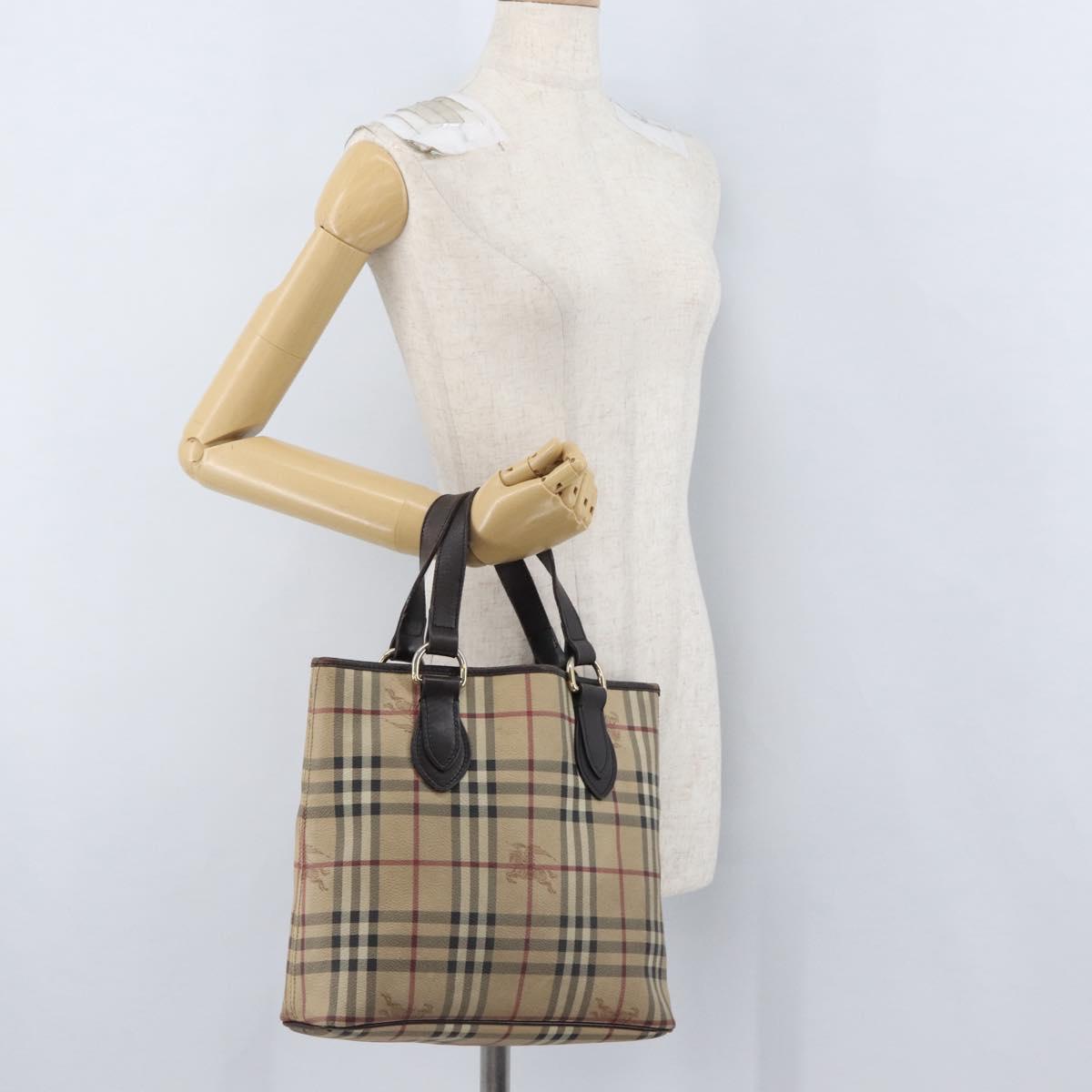 BURBERRY Nova Check Hand Bag PVC Beige Gold Auth 172725