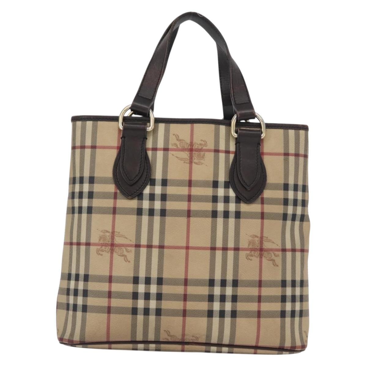 BURBERRY Nova Check Hand Bag PVC Beige Gold Auth 172725