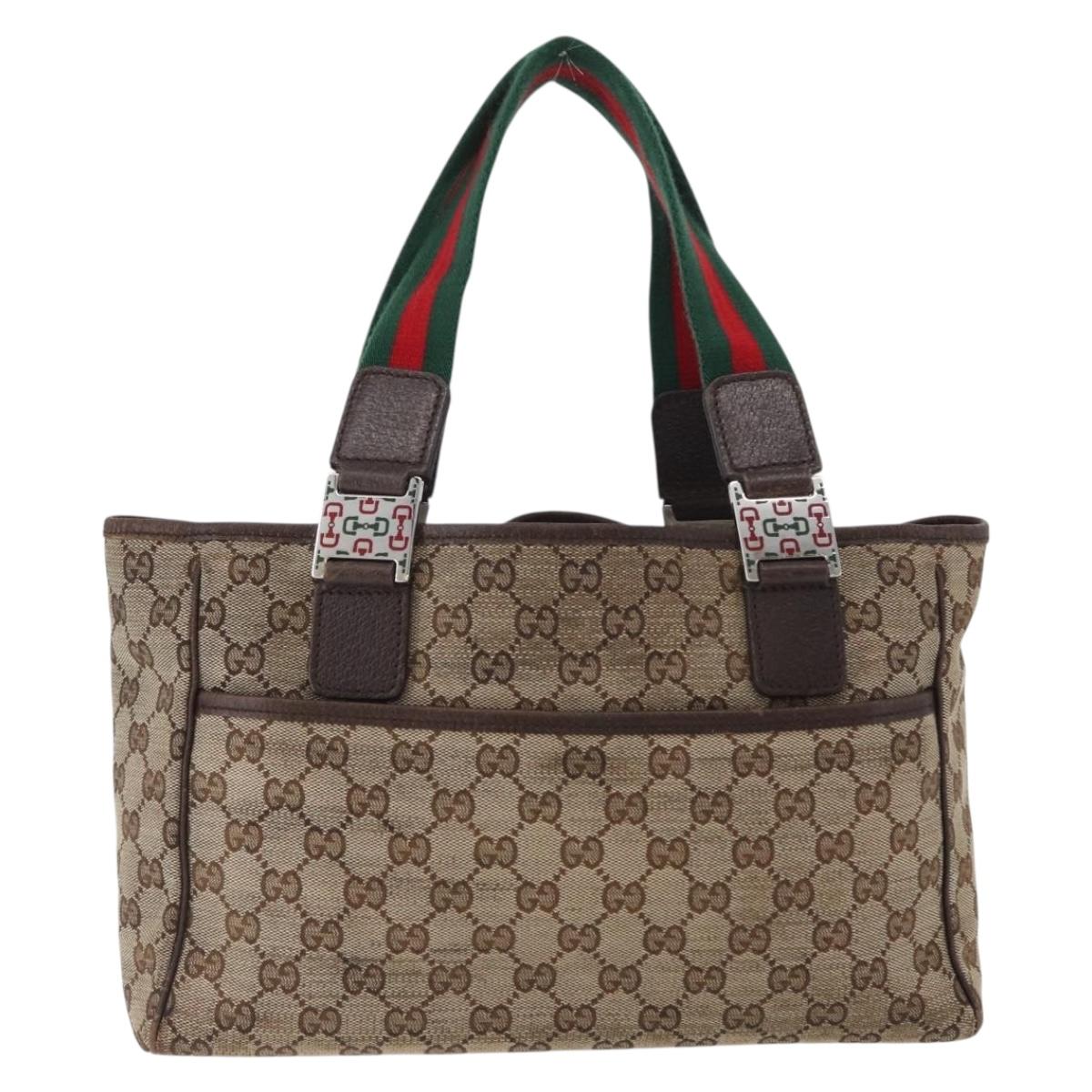 GUCCI GG Canvas Web Sherry Line Tote Bag Beige Silver 145810 Auth 172745