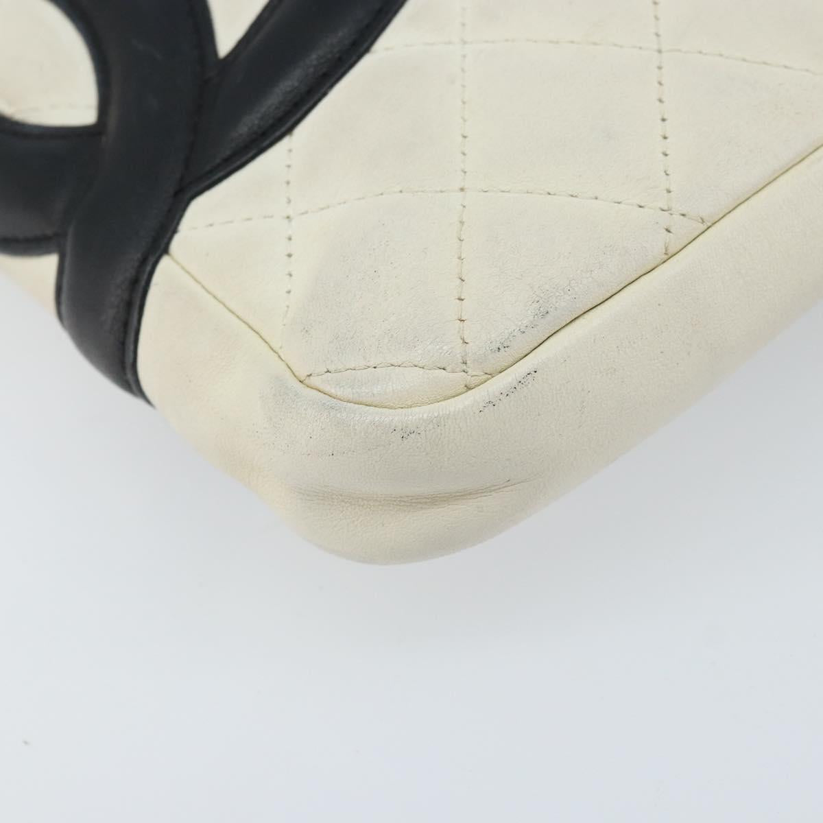 CHANEL Cambon Line Shoulder Bag Lamb Skin White Black CC Auth 172750