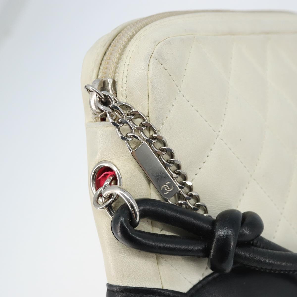 CHANEL Cambon Line Shoulder Bag Lamb Skin White Black CC Auth 172750
