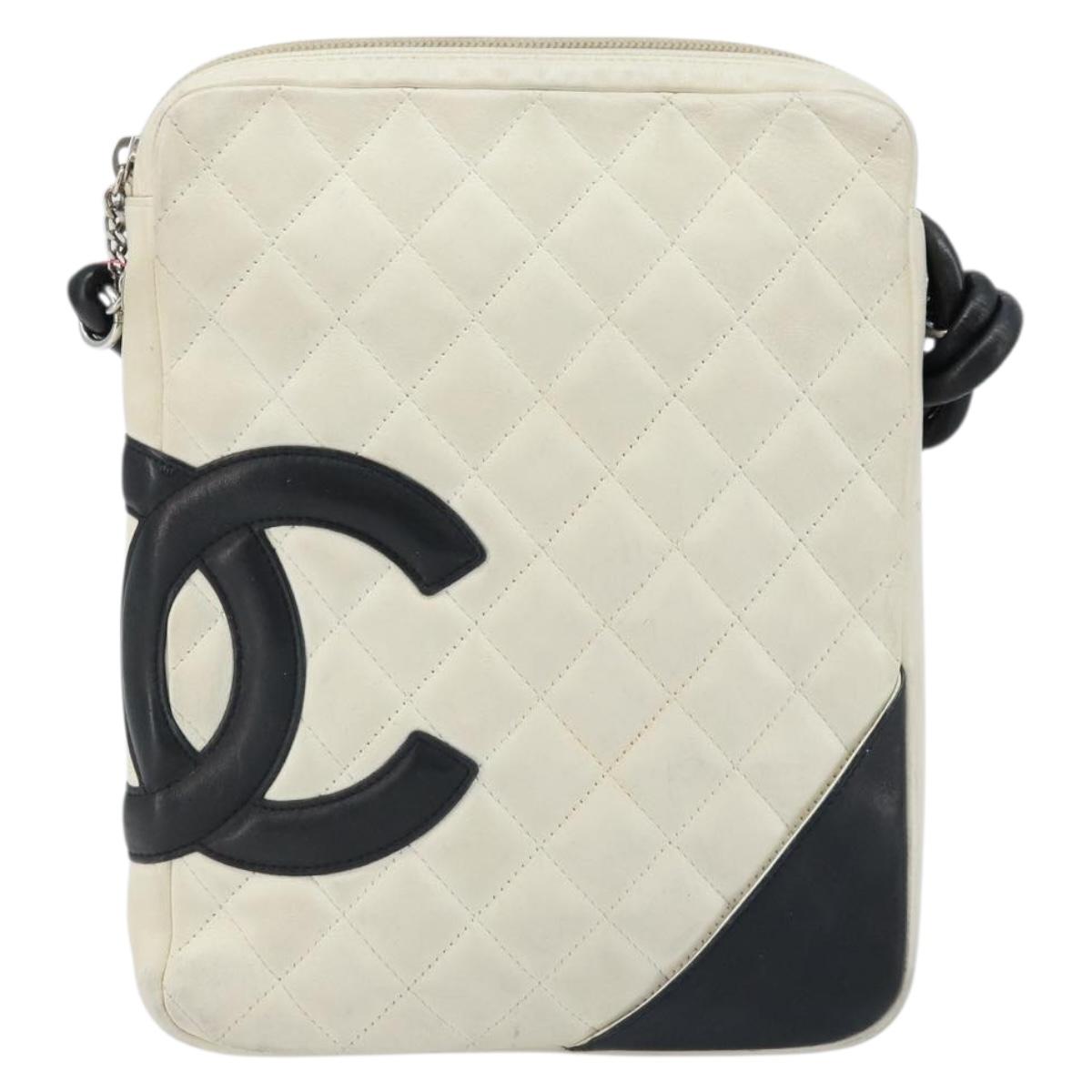 CHANEL Cambon Line Shoulder Bag Lamb Skin White Black CC Auth 172750