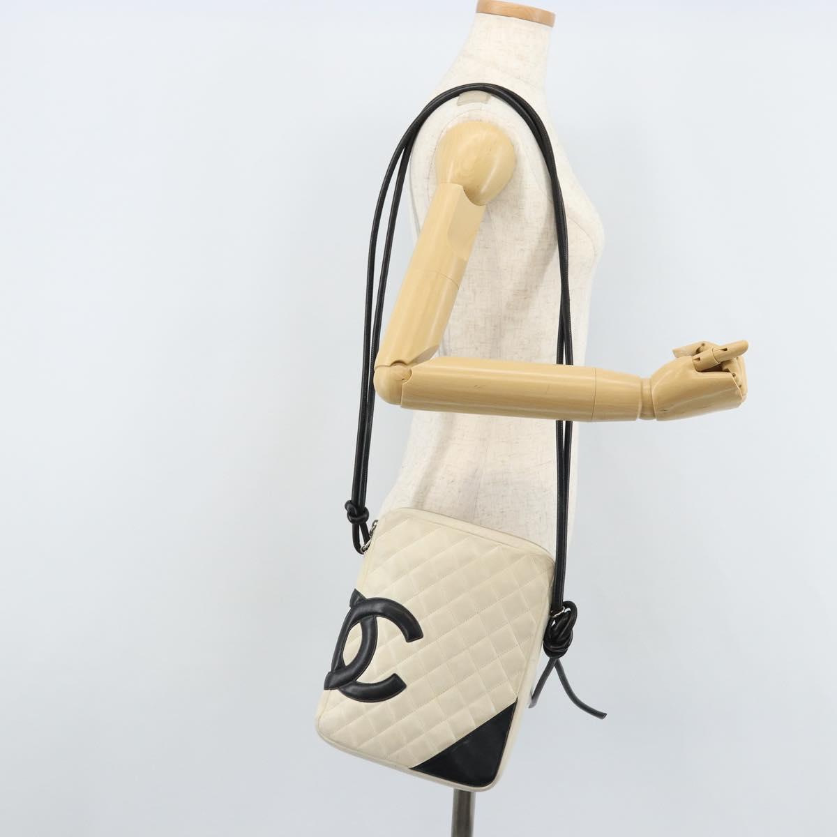CHANEL Cambon Line Shoulder Bag Lamb Skin White Black CC Auth 172750