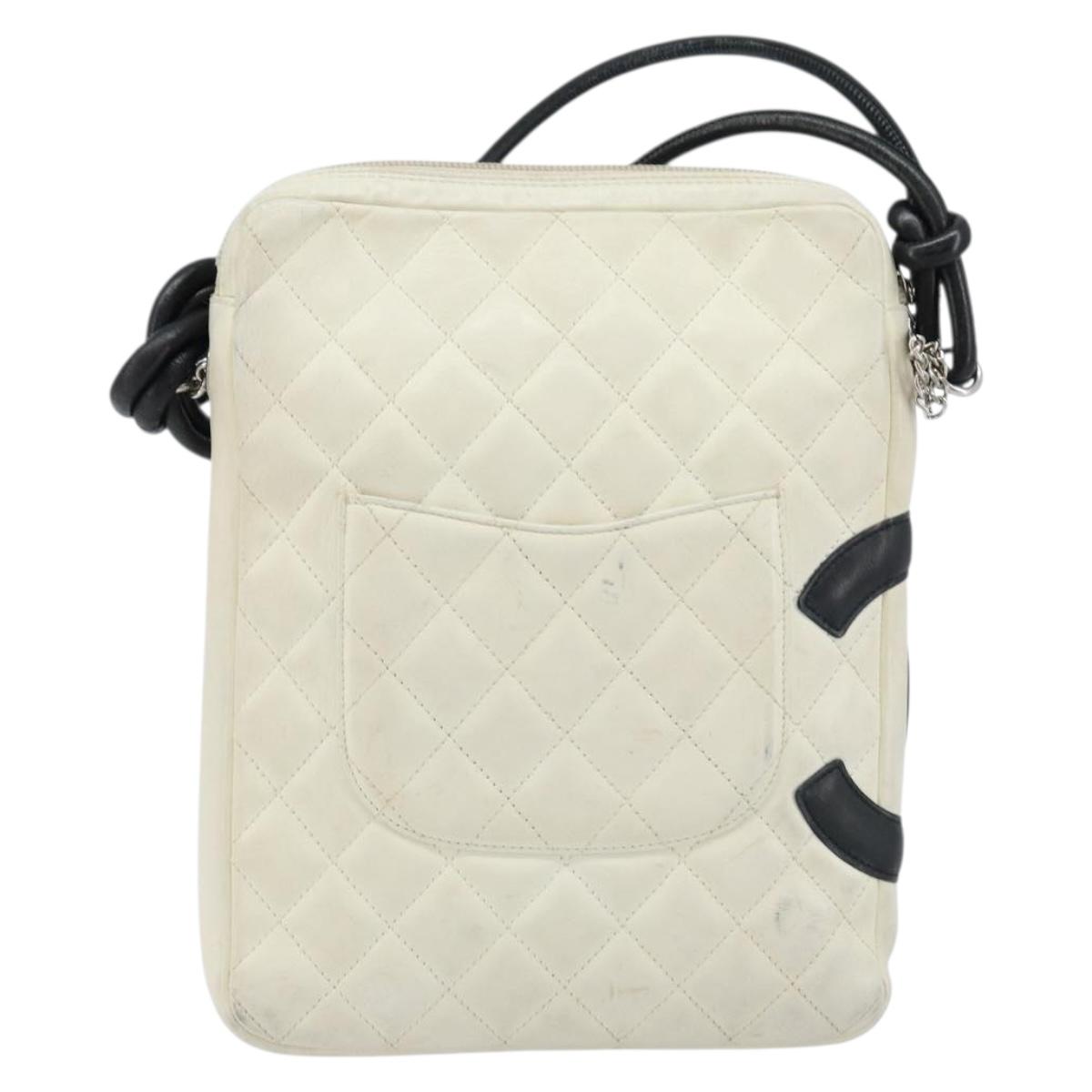 CHANEL Cambon Line Shoulder Bag Lamb Skin White Black CC Auth 172750
