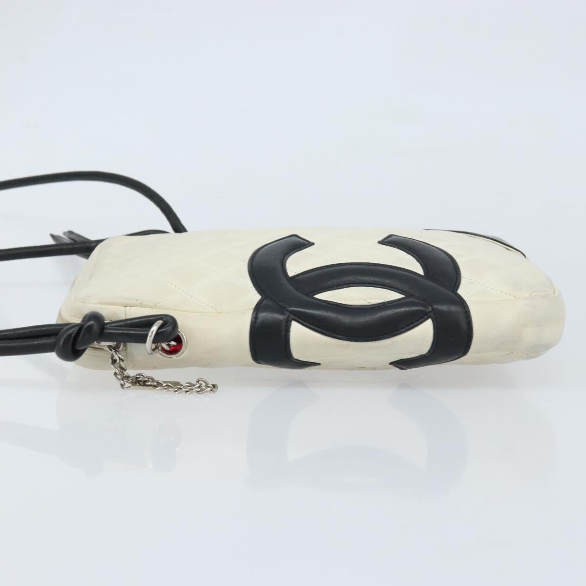CHANEL Cambon Line Shoulder Bag Lamb Skin White Black CC Auth 172750