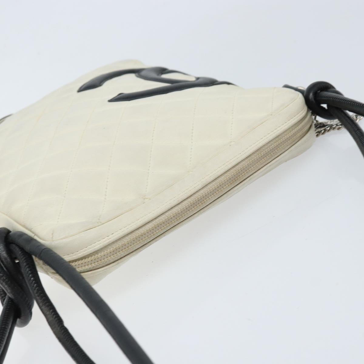 CHANEL Cambon Line Shoulder Bag Lamb Skin White Black CC Auth 172750