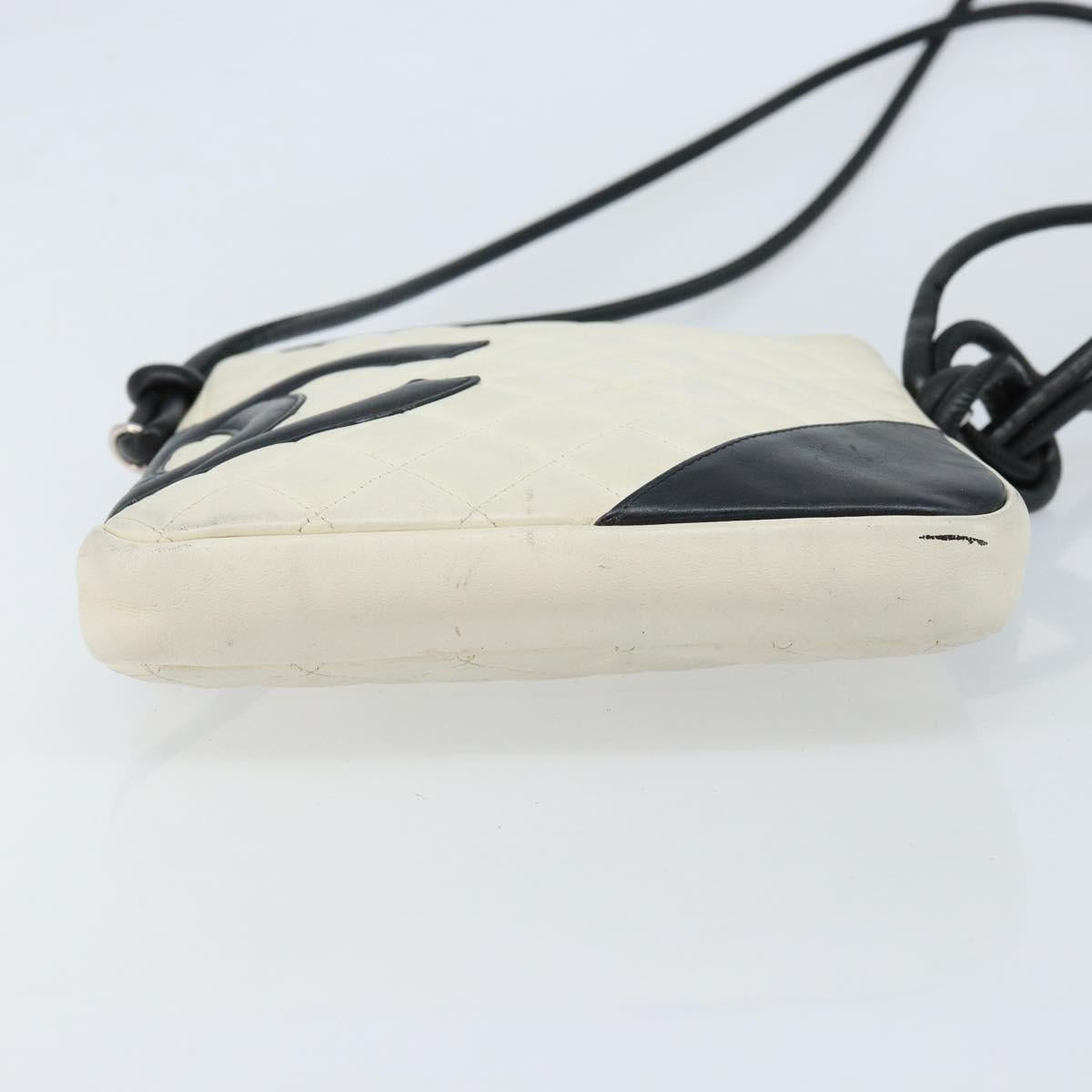 CHANEL Cambon Line Shoulder Bag Lamb Skin White Black CC Auth 172750