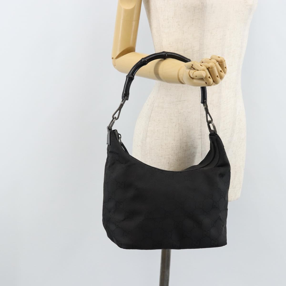 GUCCI GG Canvas Bamboo Shoulder Bag Nylon Black Silver 000 0531 Auth 172773