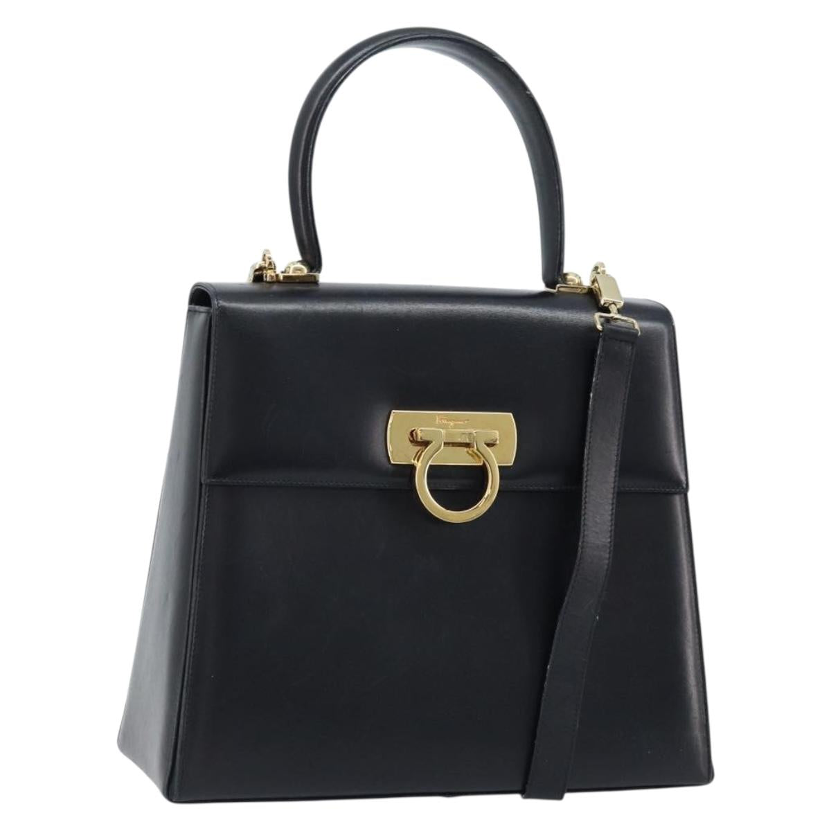 Salvatore Ferragamo Gancini Hand Bag Leather 2way Black Gold Auth 172790