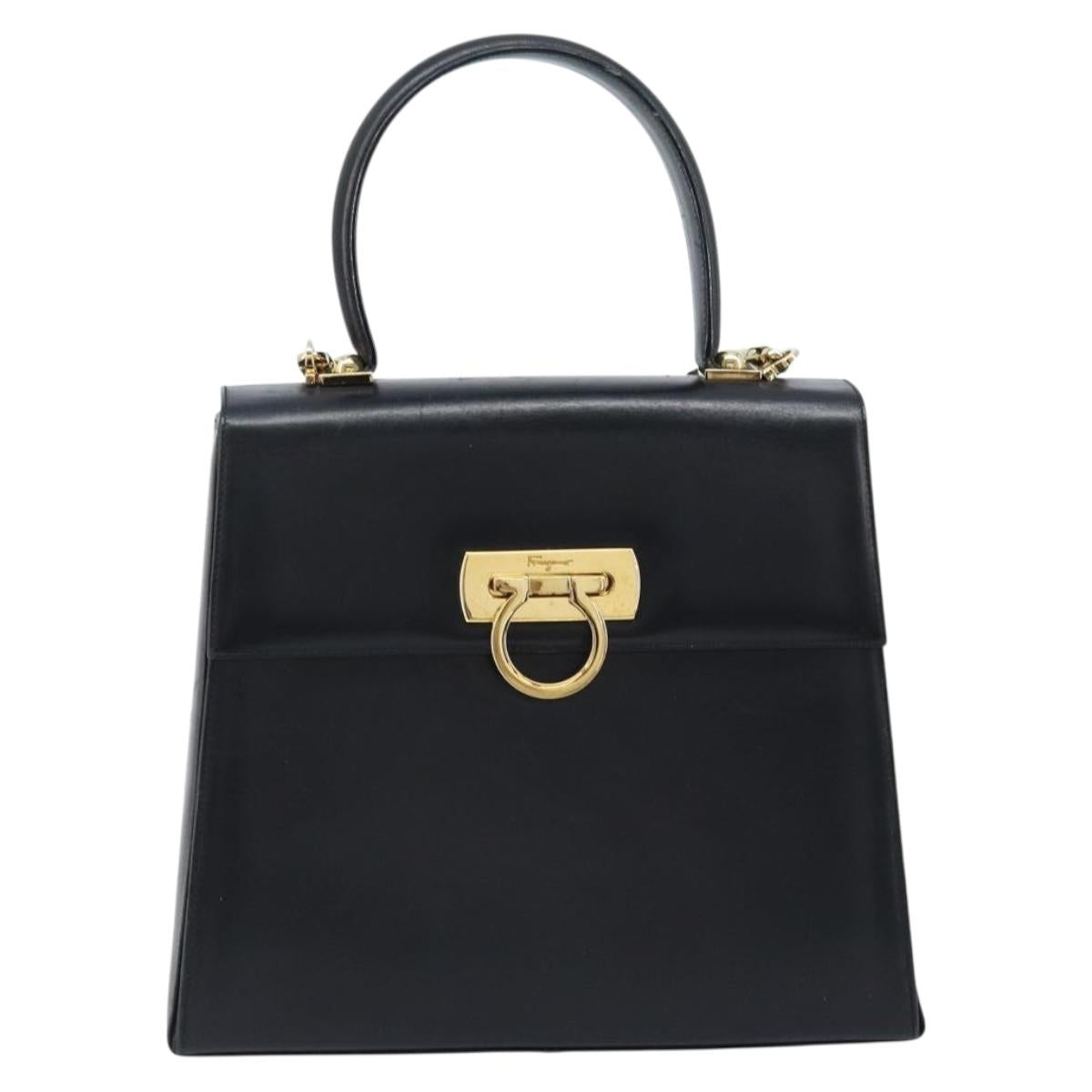Salvatore Ferragamo Gancini Hand Bag Leather 2way Black Gold Auth 172790
