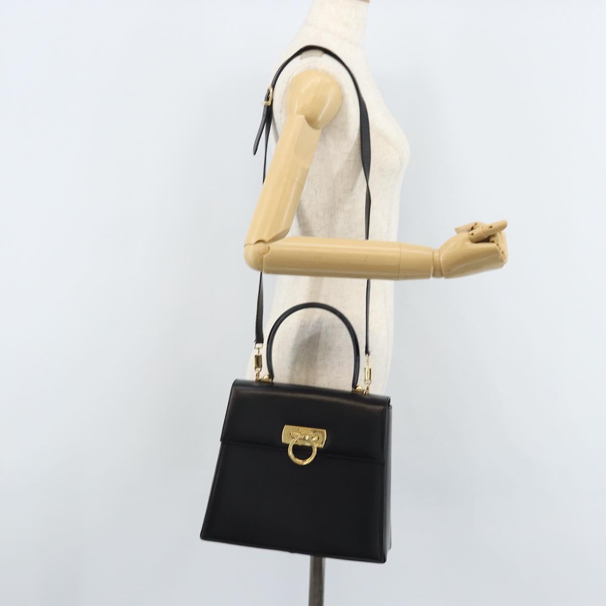 Salvatore Ferragamo Gancini Hand Bag Leather 2way Black Gold Auth 172790