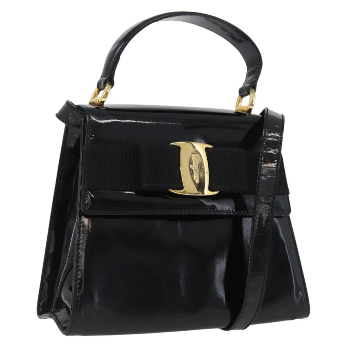 Salvatore Ferragamo Vala Hand Bag Patent leather 2way Black Gold Auth 172895