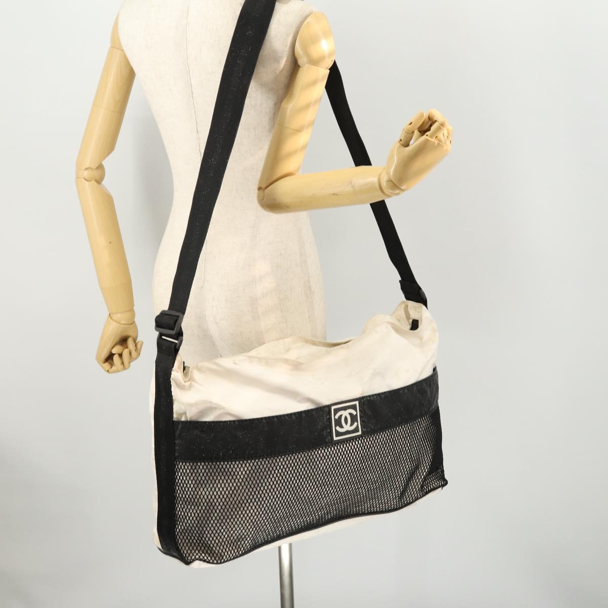 CHANEL Sports Line Shoulder Bag Nylon White Black CC Auth 172897