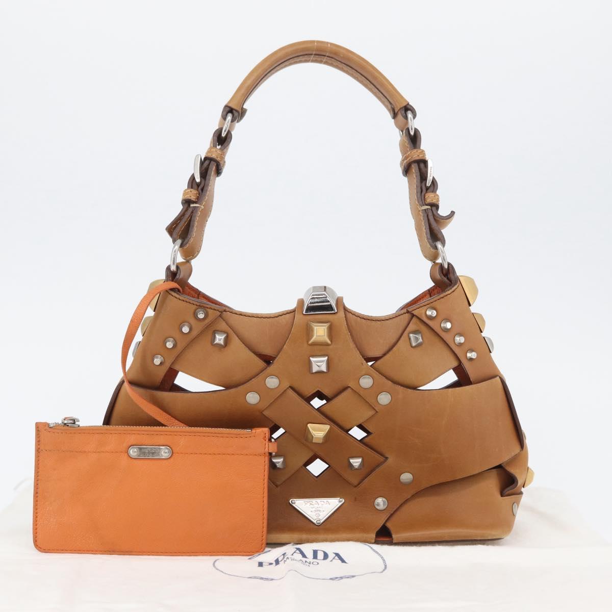 PRADA Studs Shoulder Bag Leather plastic Brown Silver Auth 172906SAV