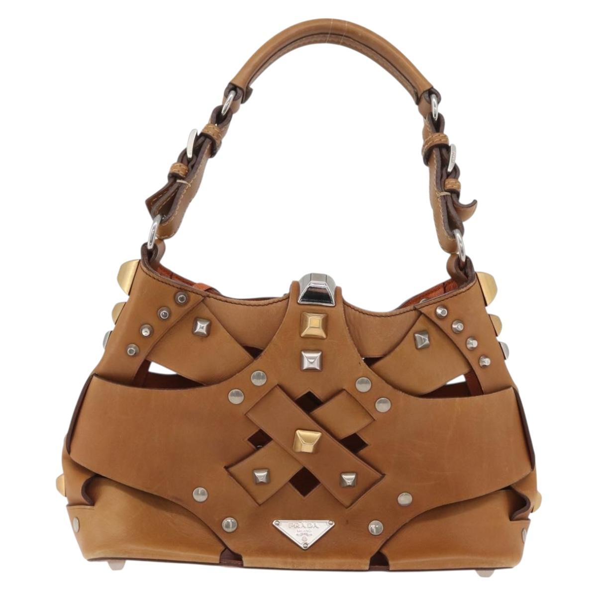 PRADA Studs Shoulder Bag Leather plastic Brown Silver Auth 172906SAV