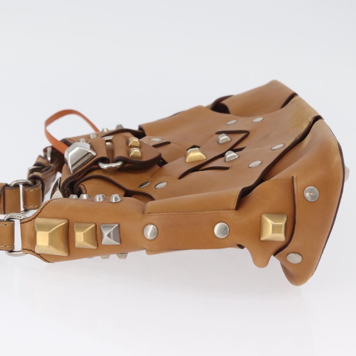 PRADA Studs Shoulder Bag Leather plastic Brown Silver Auth 172906SAV