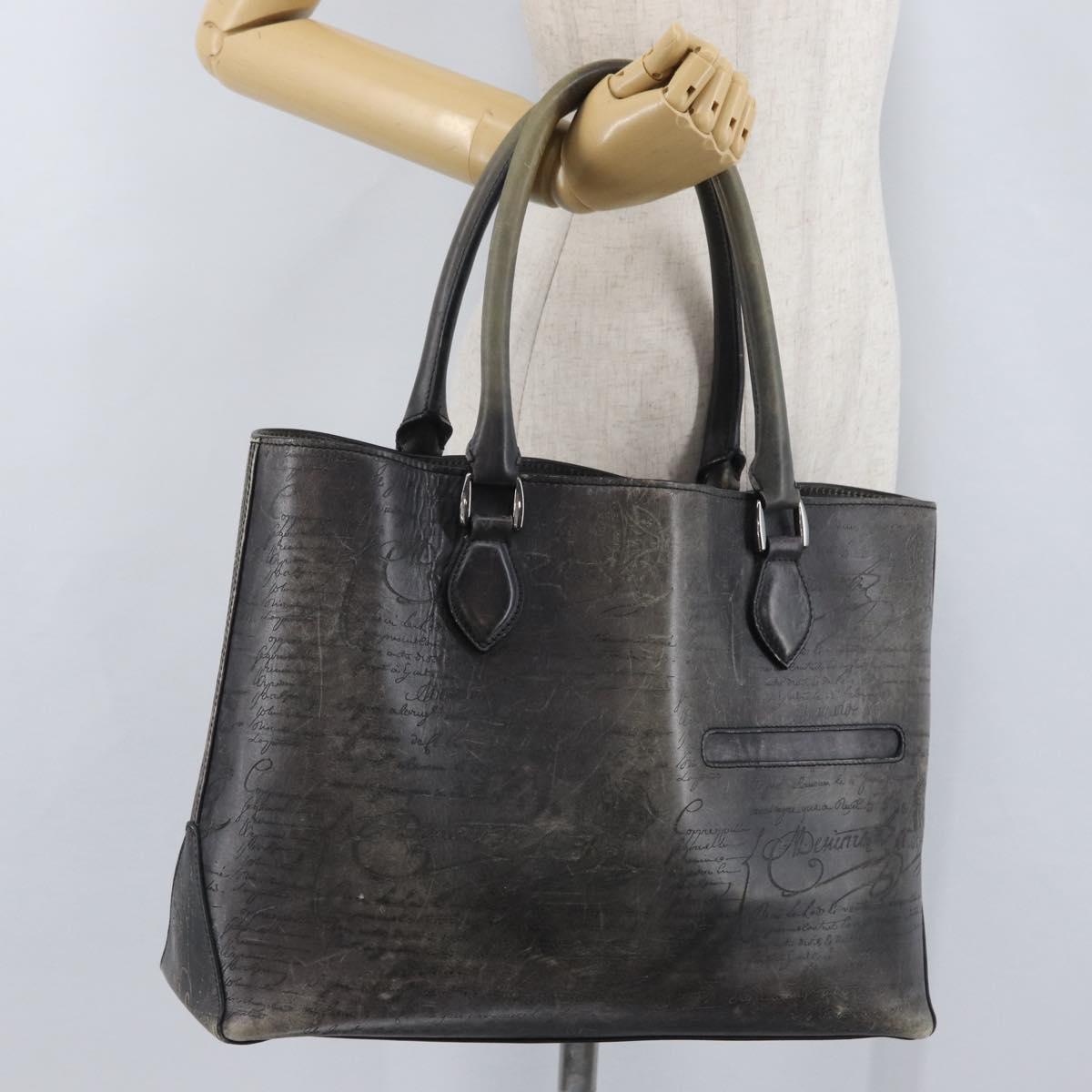 Berluti Calligraphy To Joule Tote Bag Leather Black Silver Auth 172921