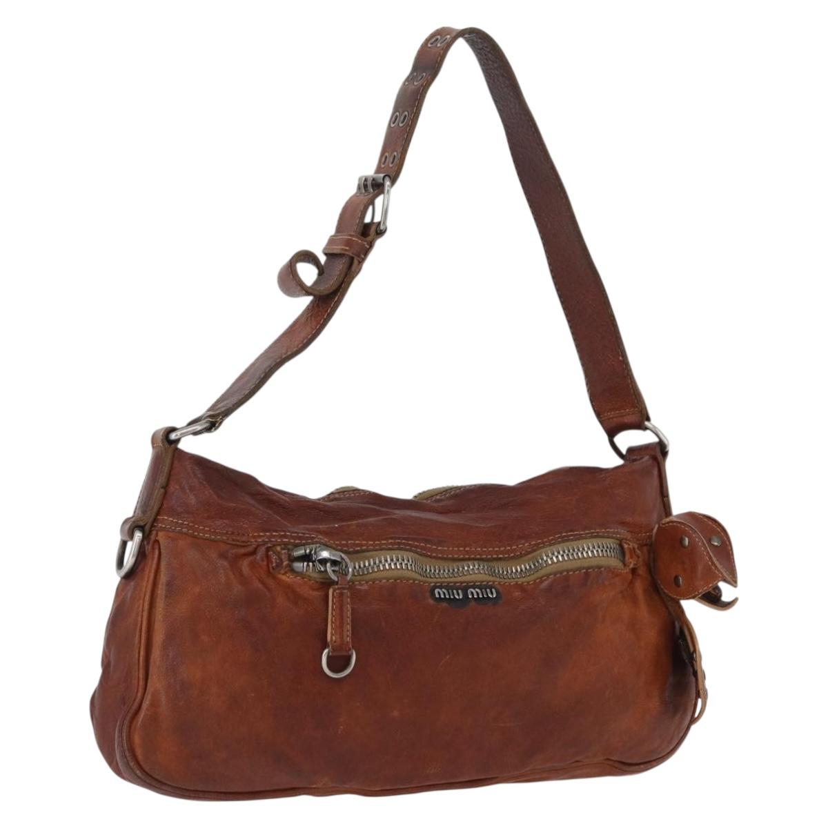 Miu Miu Shoulder Bag Leather Brown Silver Auth 172955