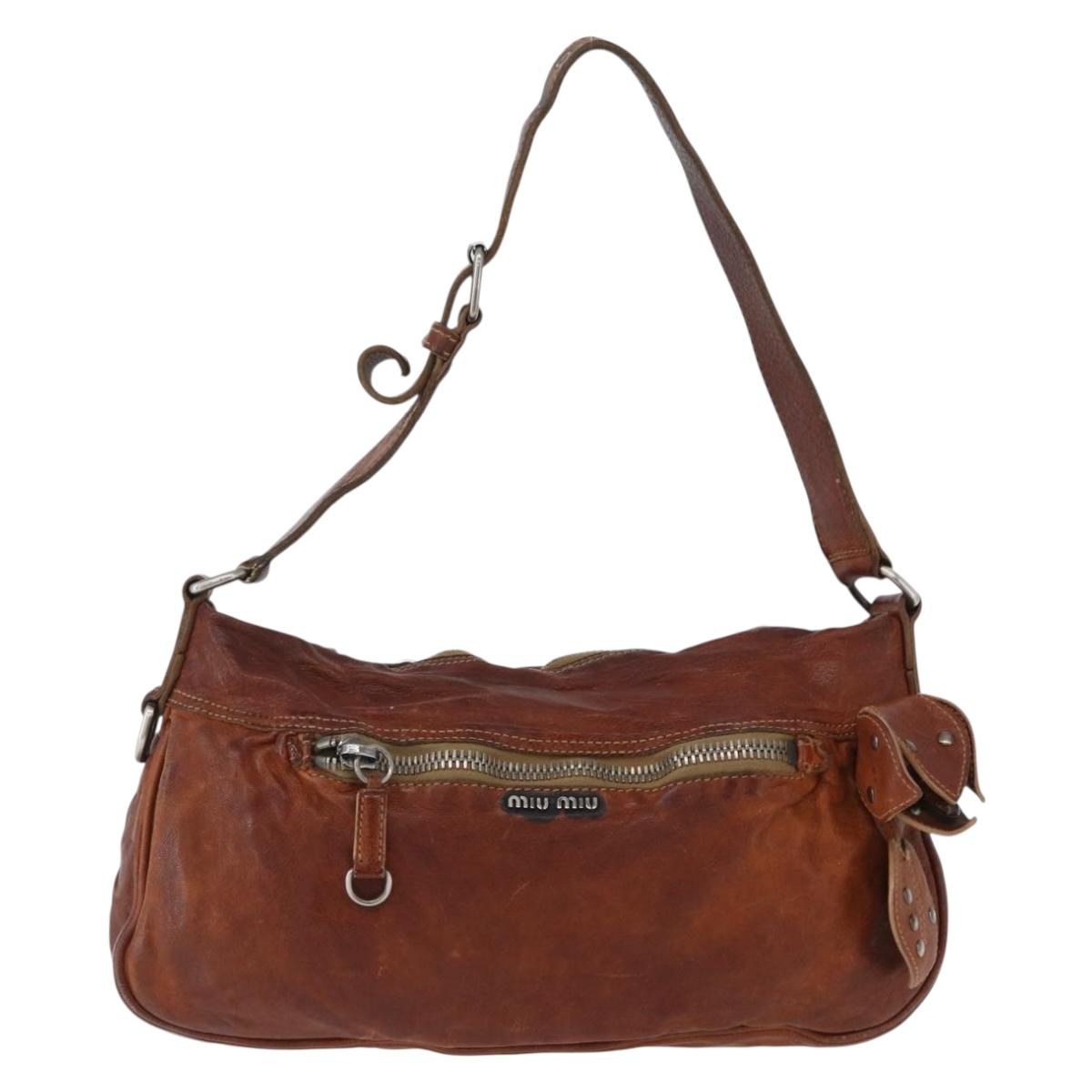 Miu Miu Shoulder Bag Leather Brown Silver Auth 172955