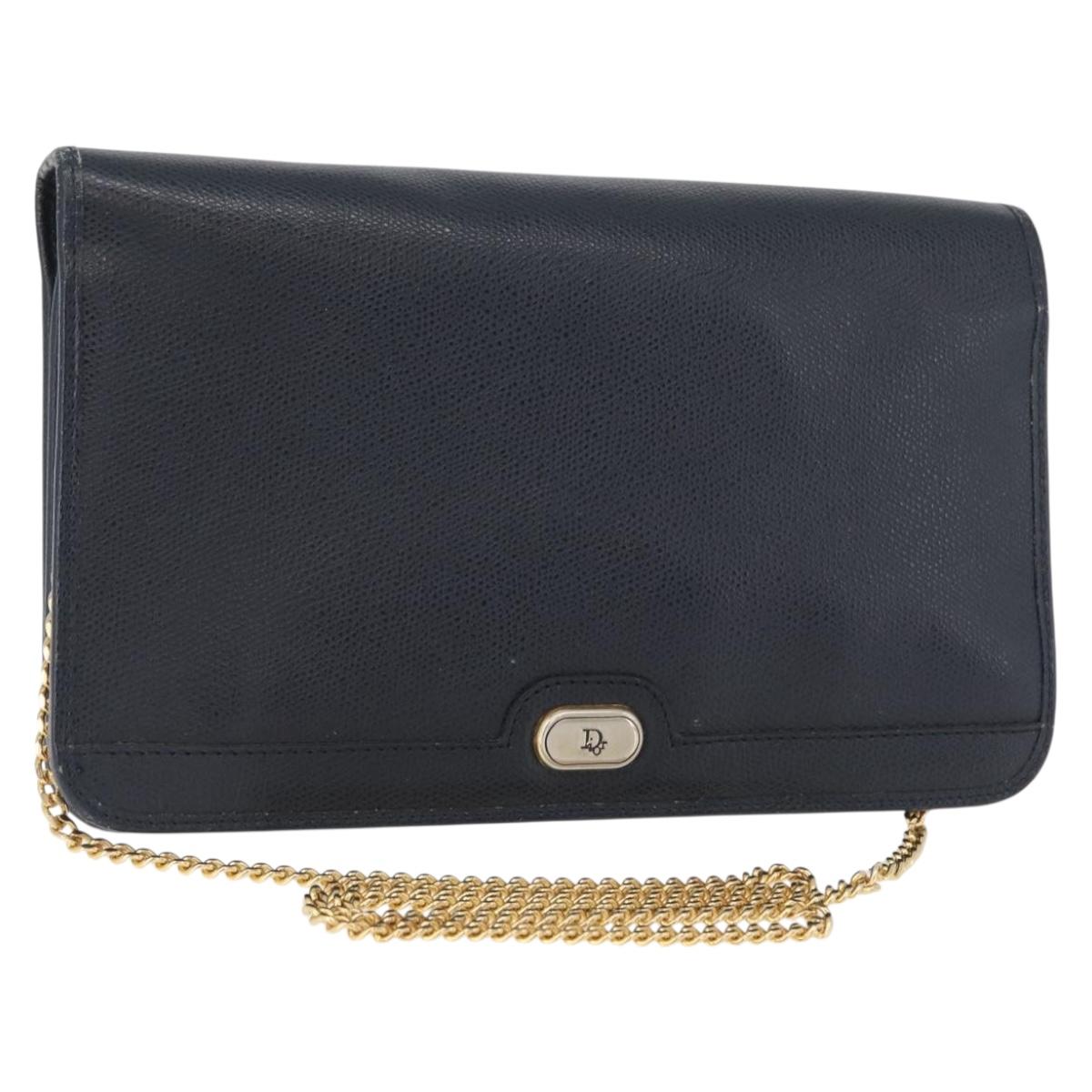 Christian Dior Chain Shoulder Bag Leather Navy Gold Auth 172959