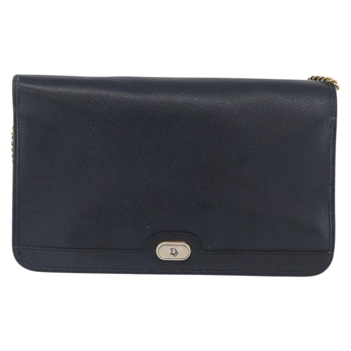 Christian Dior Chain Shoulder Bag Leather Navy Gold Auth 172959