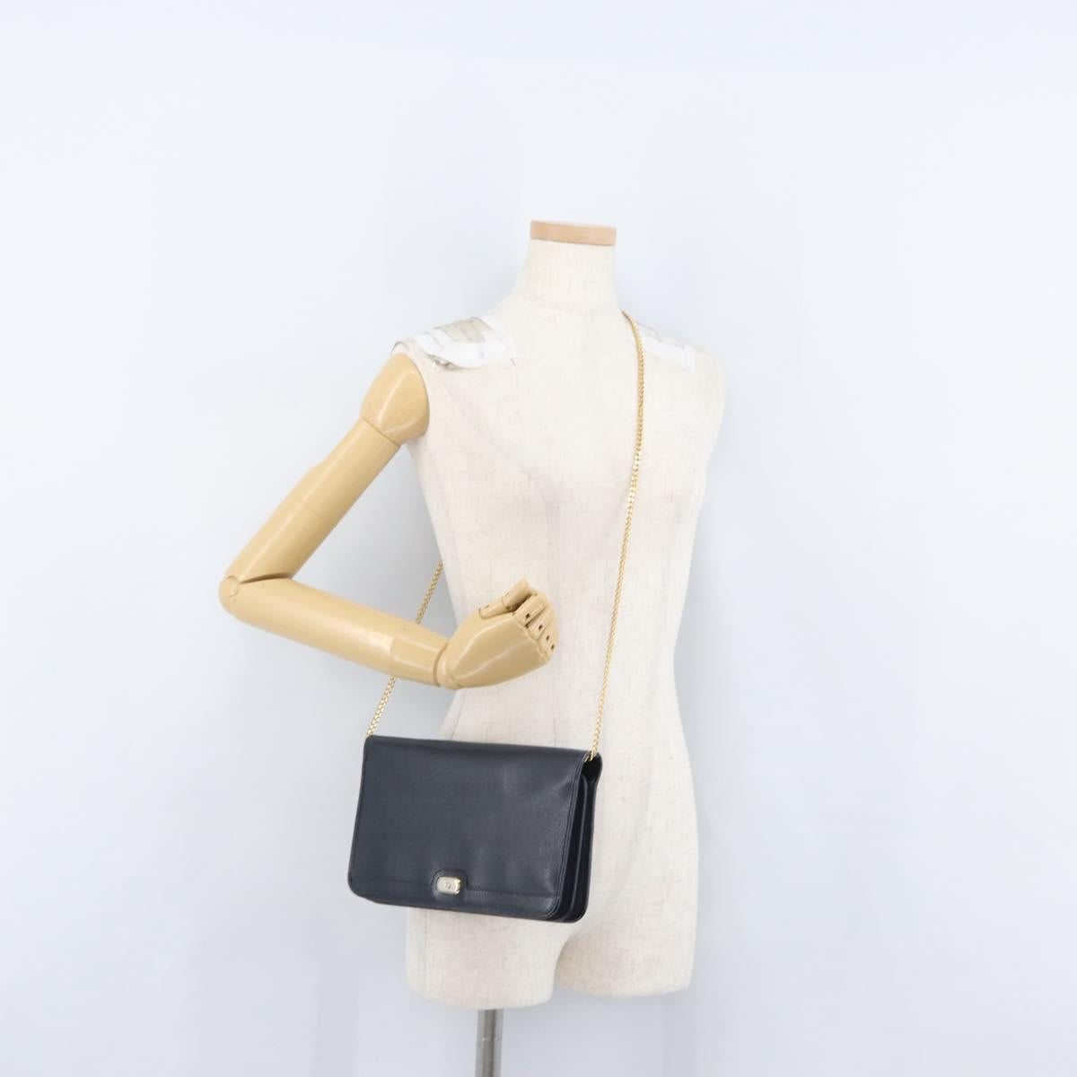 Christian Dior Chain Shoulder Bag Leather Navy Gold Auth 172959
