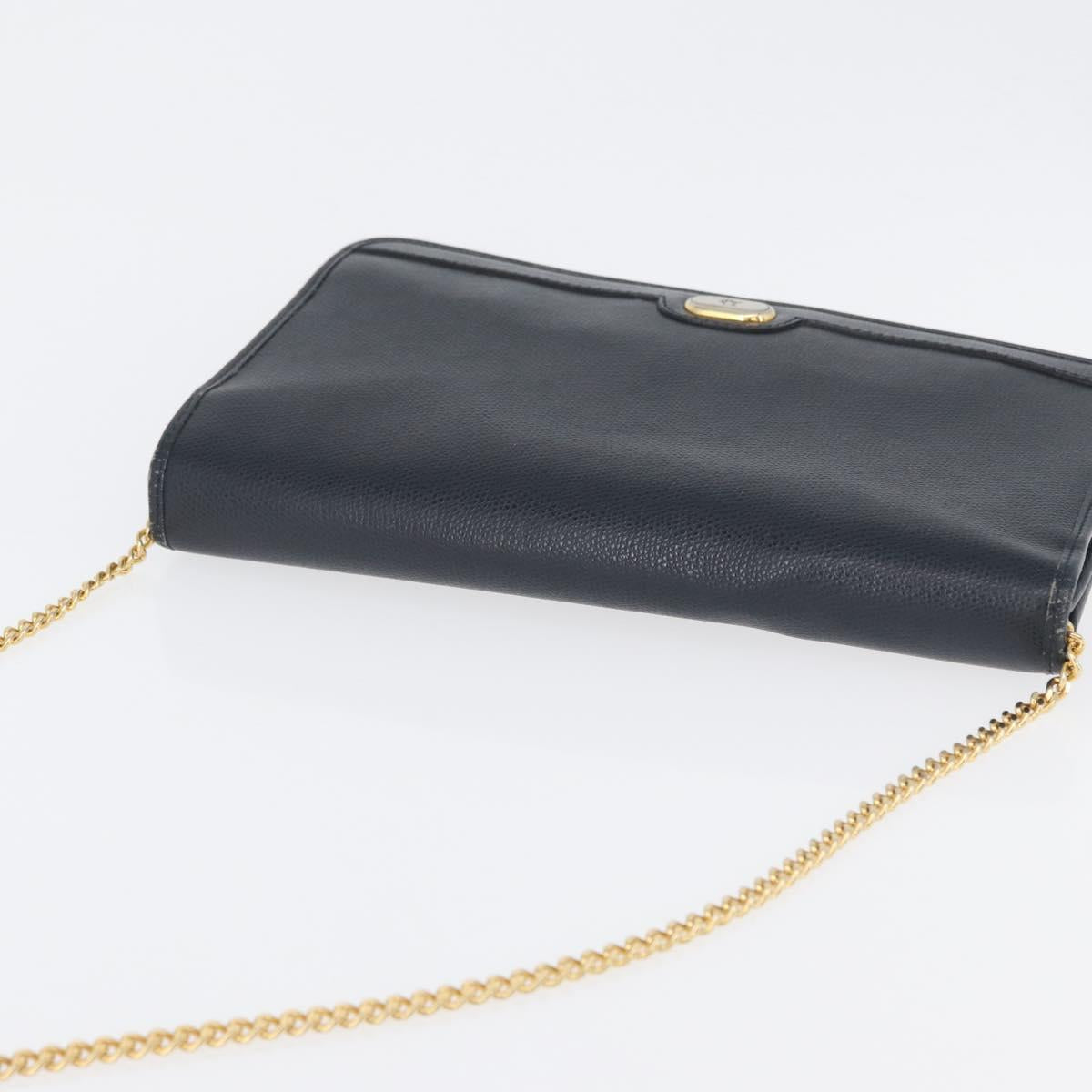 Christian Dior Chain Shoulder Bag Leather Navy Gold Auth 172959