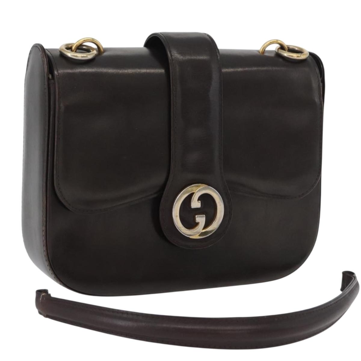 GUCCI Hand Bag Leather Brown Gold Auth 172960