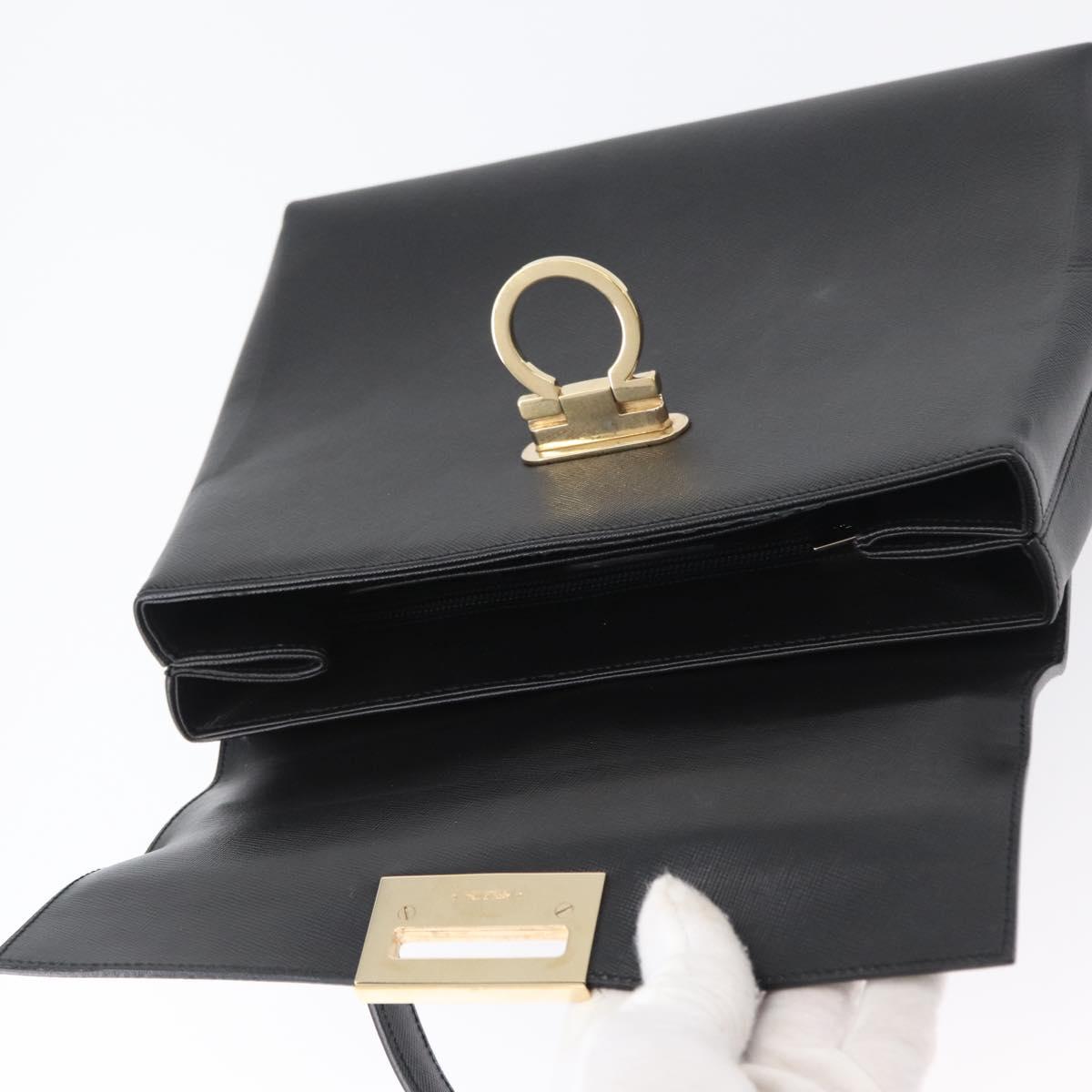 Salvatore Ferragamo Gancini Hand Bag Leather Black Gold Auth 172966